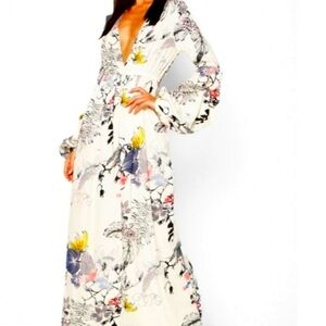 MIMI FLORAL PRINT V NECK RUCHED SLEEVE FLOUNCY BOHO MAXI DRESS